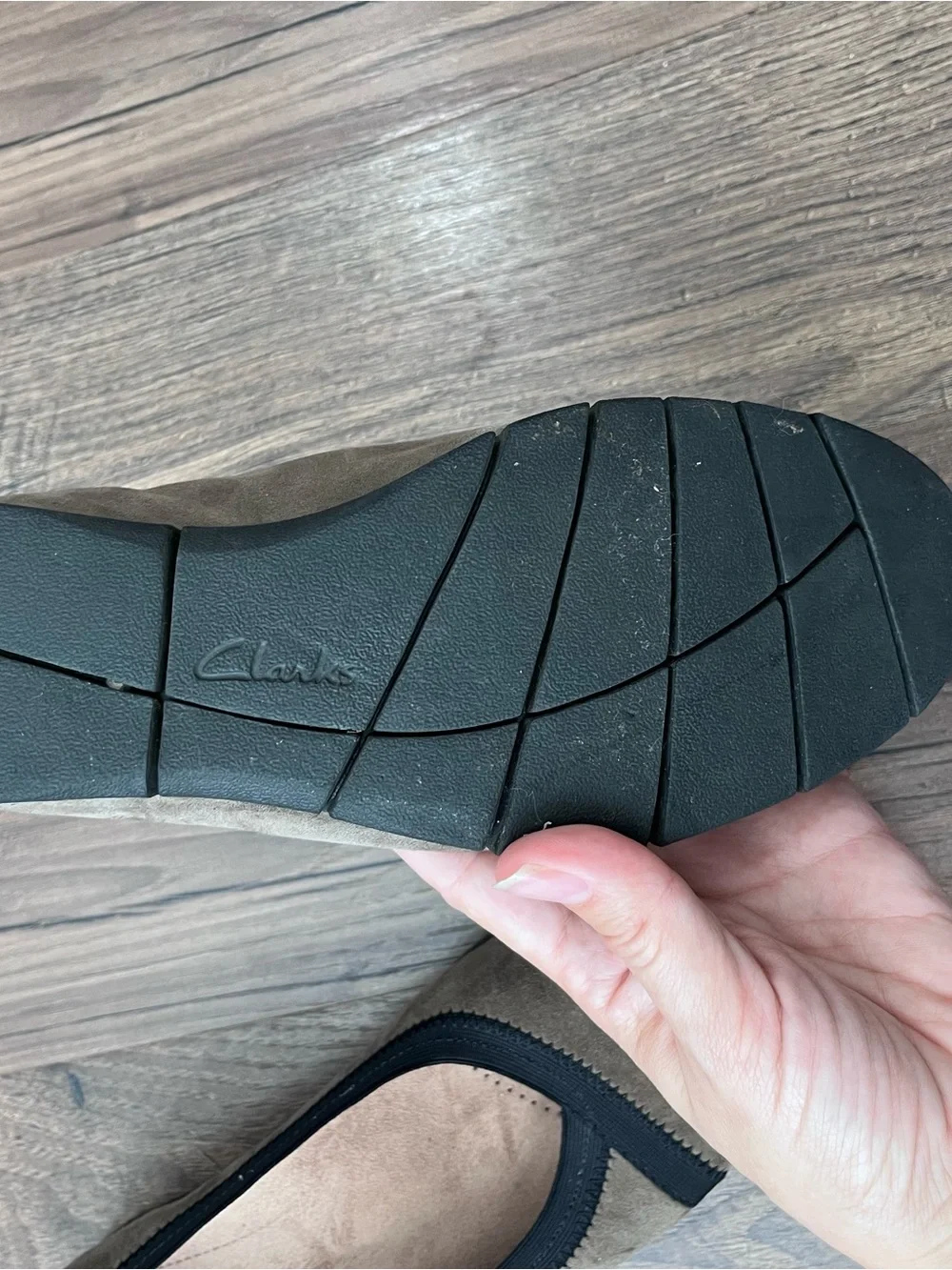 Clarks Olive Taupe Suede Slip-On Flats with Black Trim